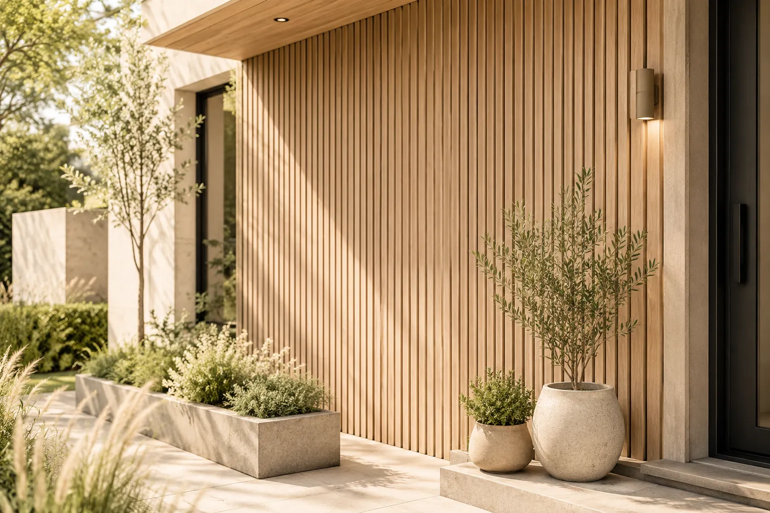 Façade moderne avec bardage vertical en bois et plantes décoratives à Agadir