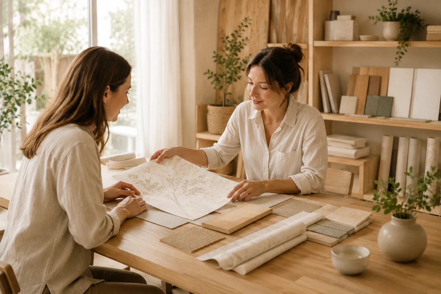 Conseillère présentant des échantillons de papier peint et revêtements à une cliente