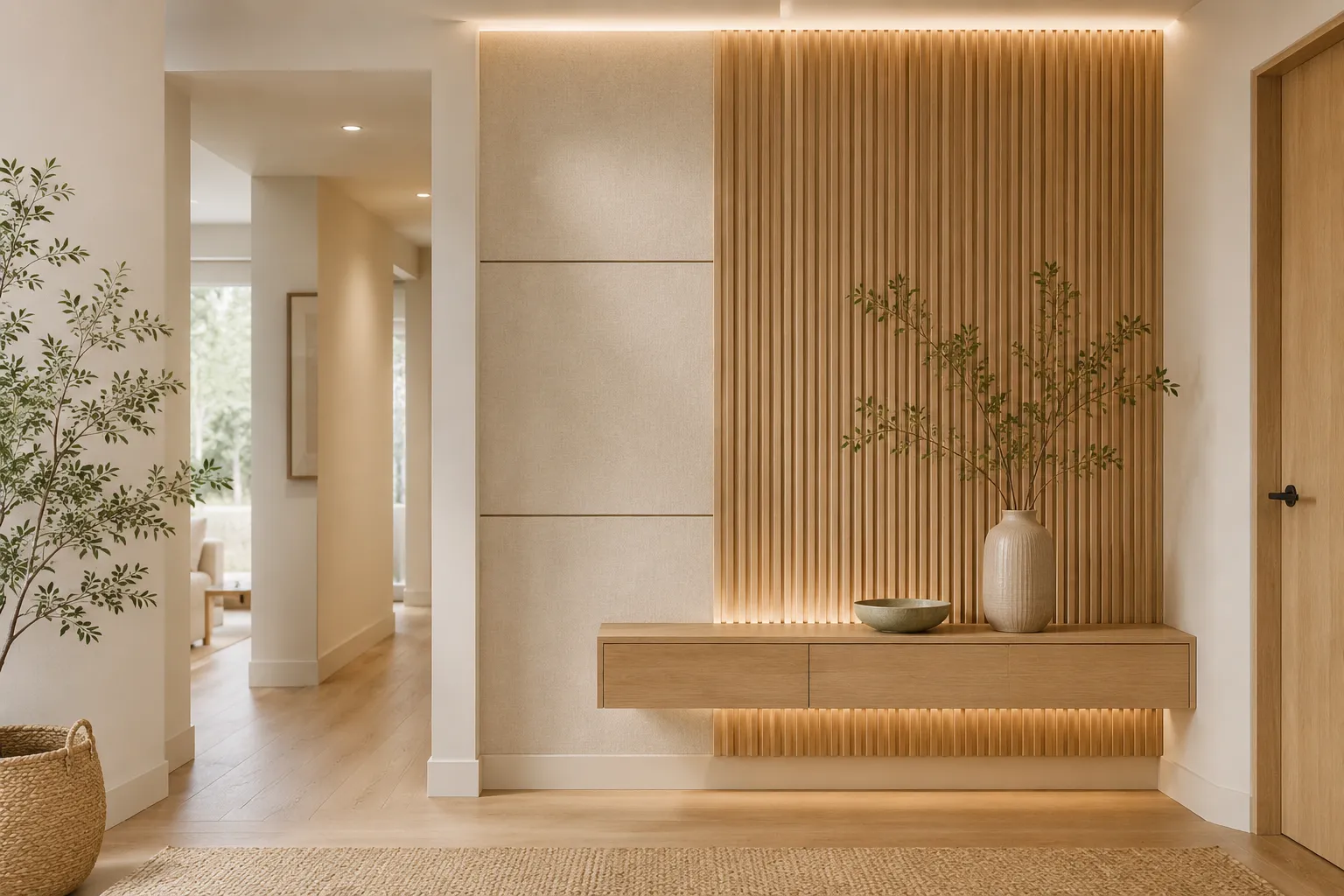 Mur intérieur habillé avec panneaux décoratifs en bois et éclairage intégré