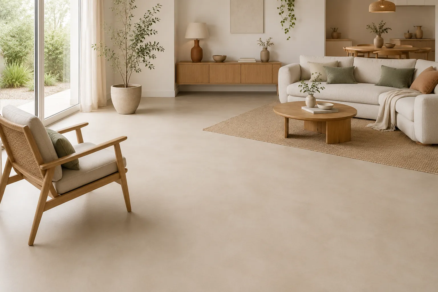 Sol gerflex clair dans un salon moderne avec décoration naturelle à Agadir