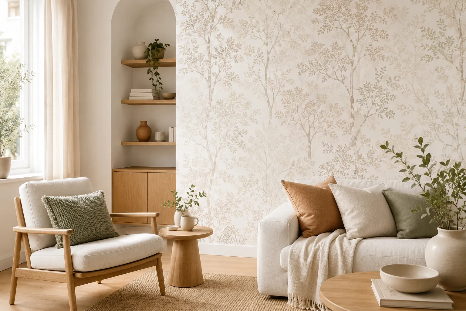 Salon lumineux avec papier peint décoratif naturel posé par AGAGERFLEX à Agadir