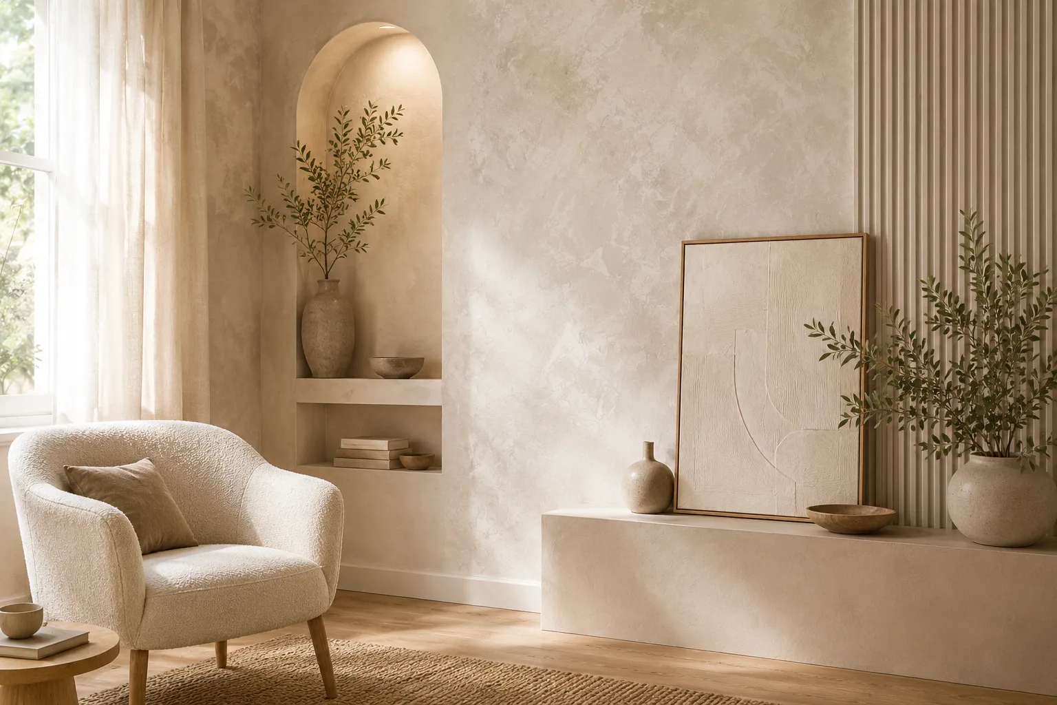 Intérieur lumineux avec mur texturé, décoration naturelle et finitions modernes